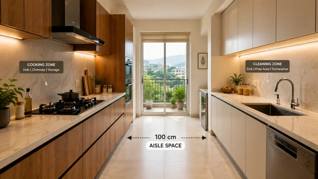 Parallel kitchen layout showing two counter walls with clear separation of cooking side and sink side in Indian apartment