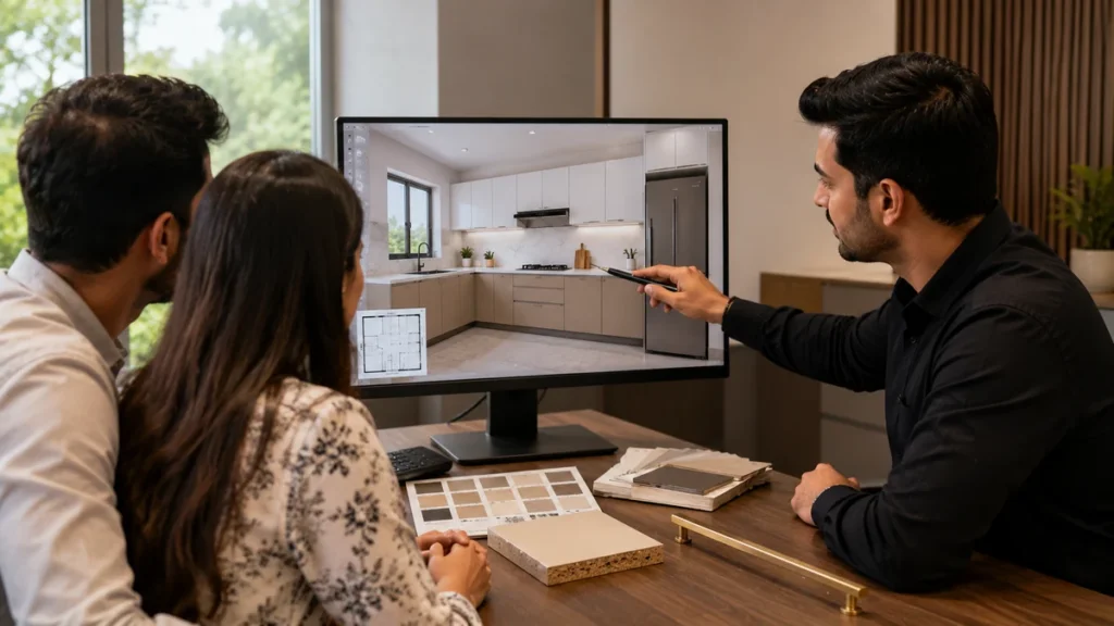 A Bhumim design consultant reviewing a 3D