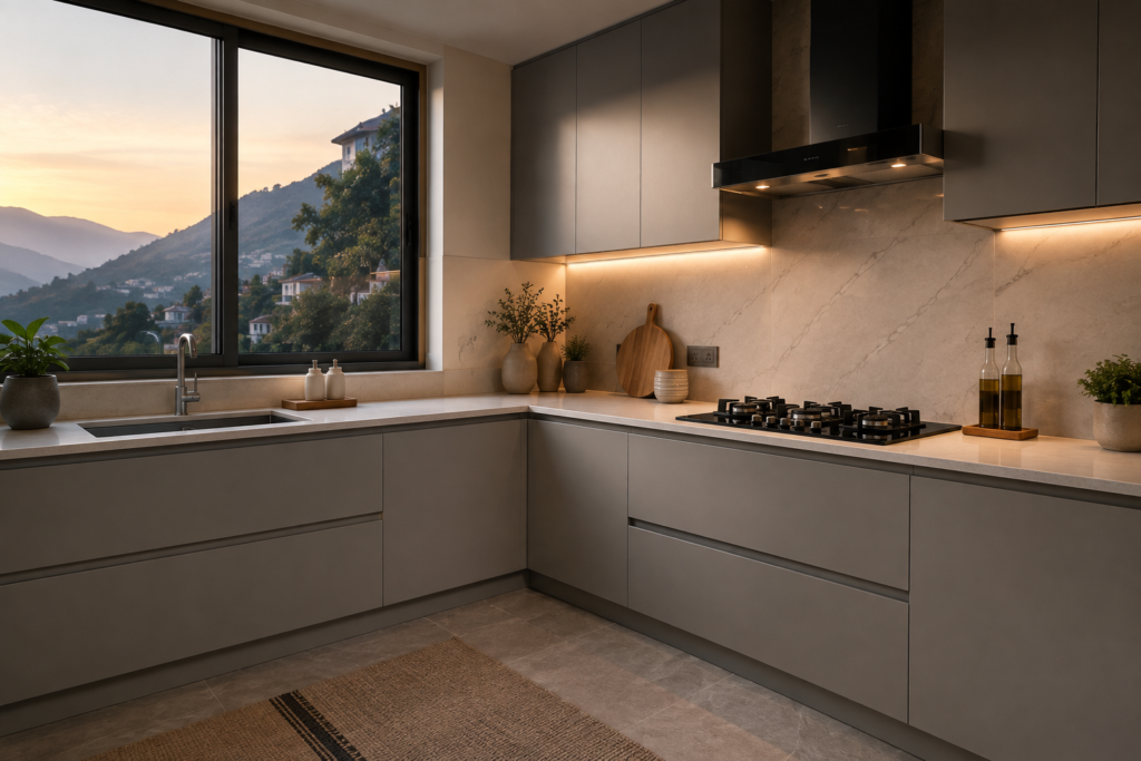 Handleless PU paint finish modular kitchen with J-pull groove design in a Dehradun villa, matte grey cabinets