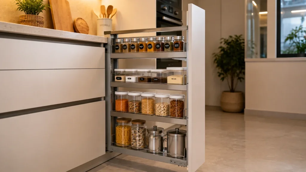 Pull-out pantry column fully extended showing organised spice jars and dry goods in a small modular kitchen