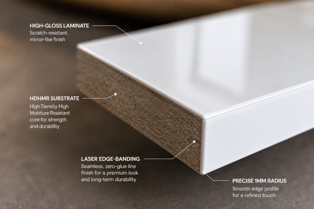 Close-up of PUR laser edge-banding on an HDHMR kitchen shutter showing seamless edge joint, Bhumim modular kitchen