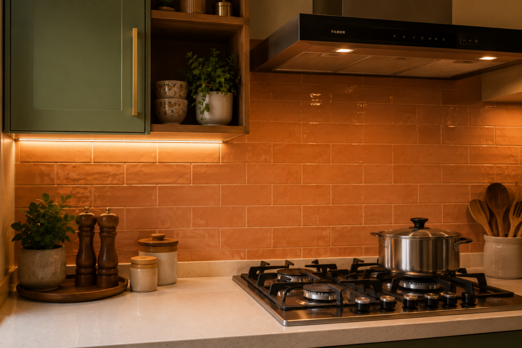 kitchen with glazed terracotta porcelain backsplash tiles and under-cabinet LED strip light in an Indian home