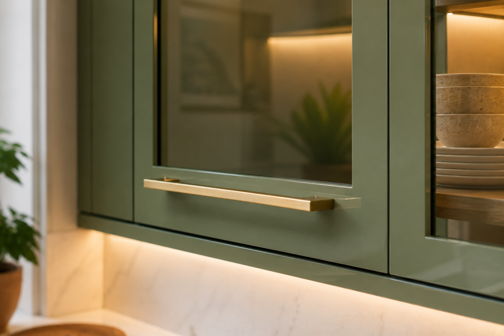 Close-up of sage green lacquered glass kitchen shutter with brushed brass handle and quartz countertop edge