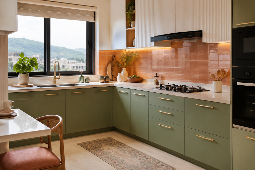 Sage green L-shaped modular kitchen with terracotta tile backsplash and brass handles in a Dehradun home