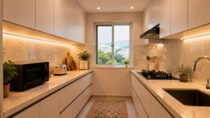 Small parallel modular kitchen in a Dehradun apartment with handleless white cabinets and warm under-cabinet lighting