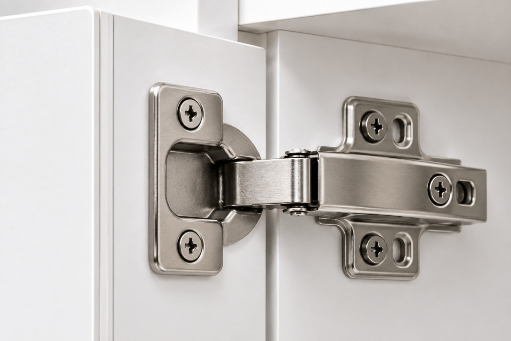 SS 304 soft-close hinge and PUR edge banding detail on a modular kitchen cabinet door in a Dehradun installation