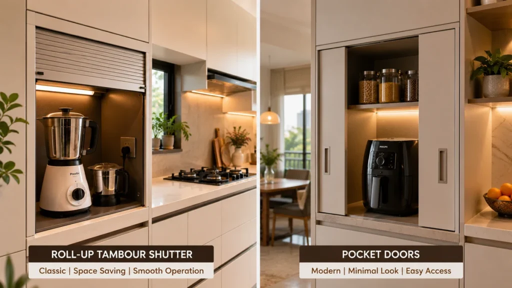 Side-by-side comparison of tambour door and pocket door appliance garage in Indian modular kitchen