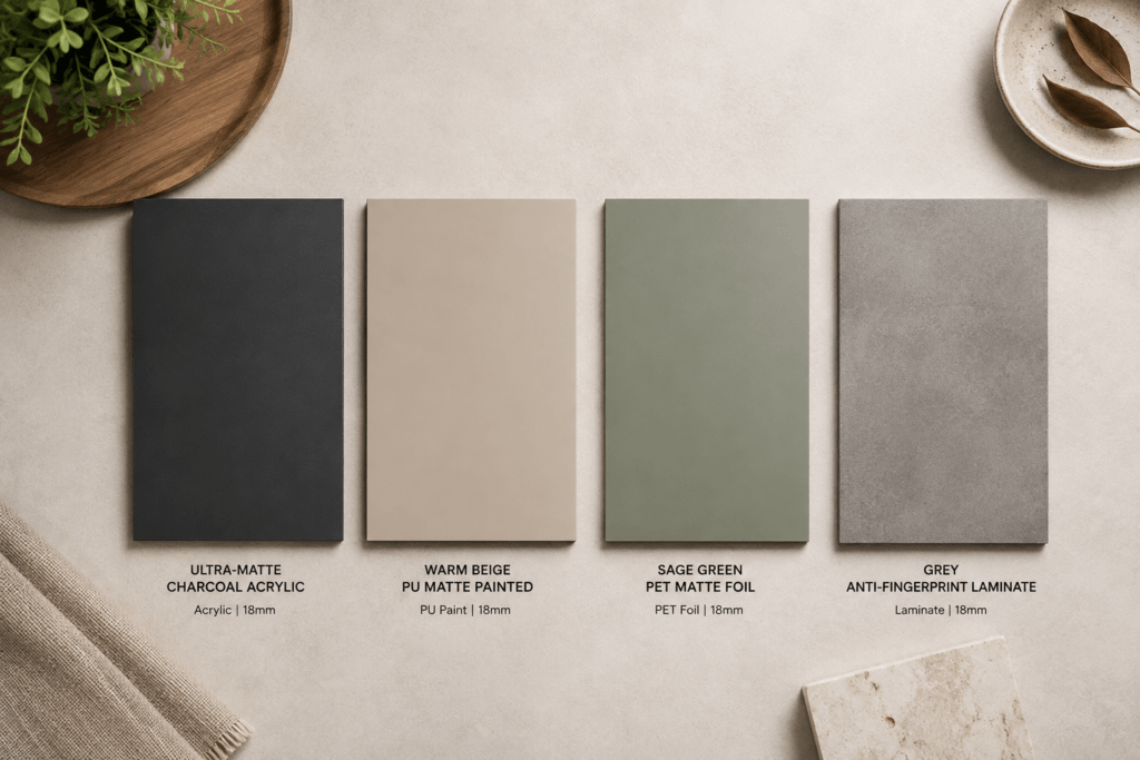 Side-by-side material samples of ultra-matte acrylic, PU matte and anti-fingerprint laminate kitchen shutter finishes