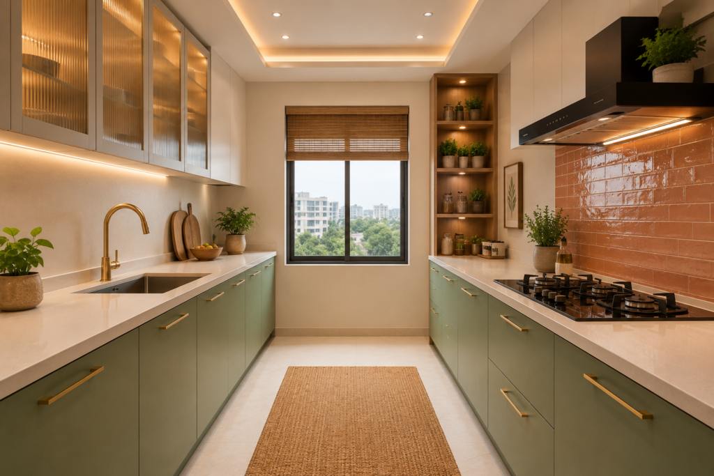 Vastu-compliant sage green modular kitchen with hob in South-East corner and open shelving in North-East