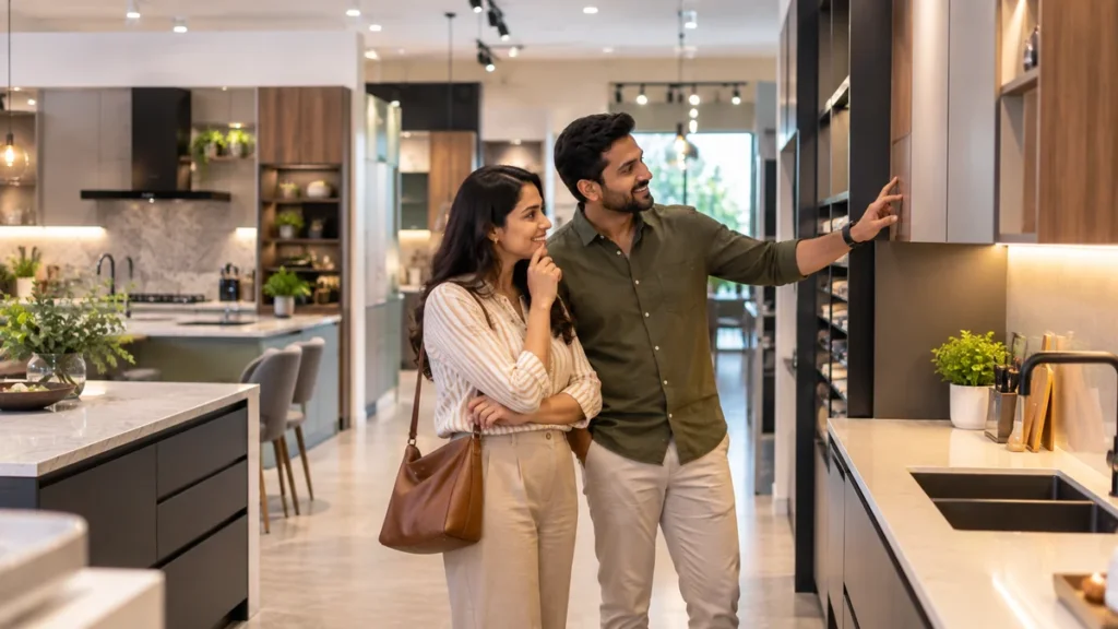 A couple browsing modular kitchen display models in a bright showroom, warm tones, realistic photography