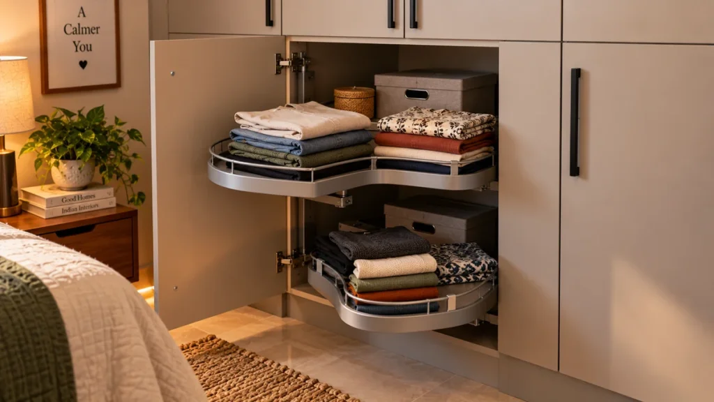 Pull-out corner carousel inside an L-shaped wardrobe with folded clothes