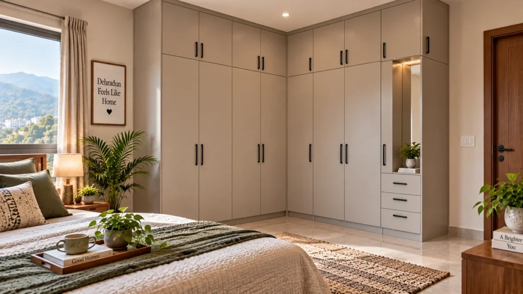 L-shaped wardrobe filling the corner of a bright Indian bedroom