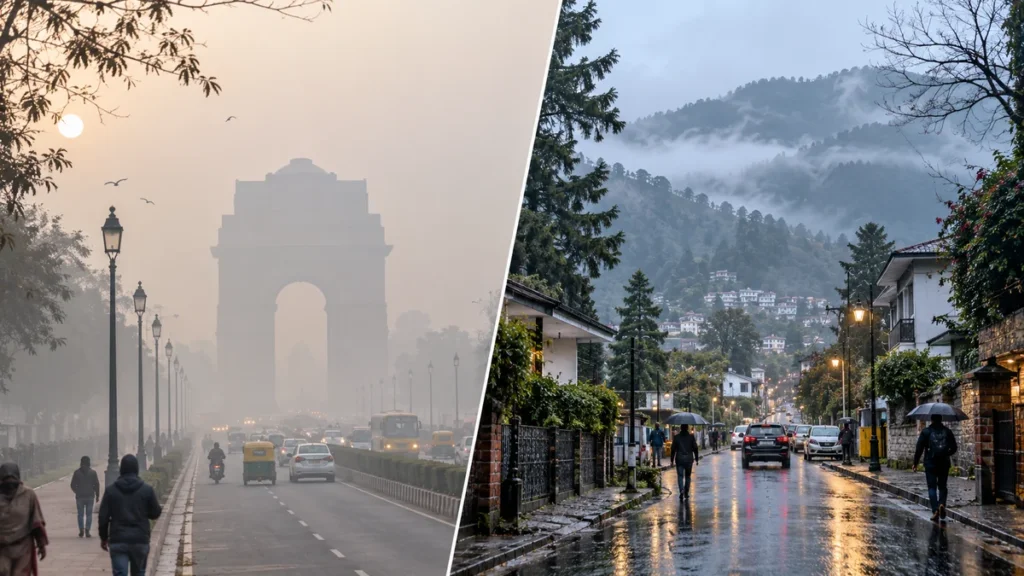 Split scene comparing foggy dry Delhi winter street with rainy damp Dehradun hill-town street