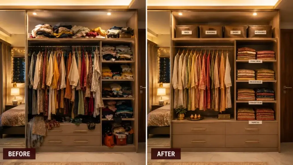 Comparison of a cluttered wardrobe and a neatly zoned wardrobe for festive wear in an Indian home