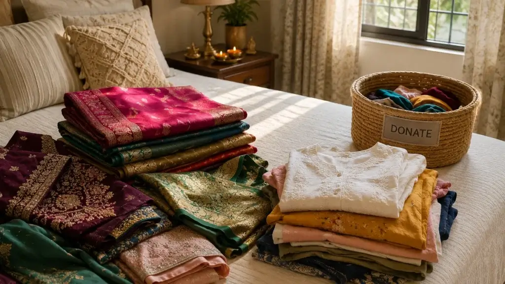 Folded Indian festive wear sorted into keep and donate piles on a bed before Diwali wardrobe organization