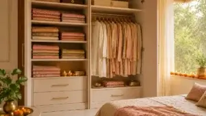 Open modular wardrobe organized with ethnic wear sections and folded sarees before Diwali in an Indian home