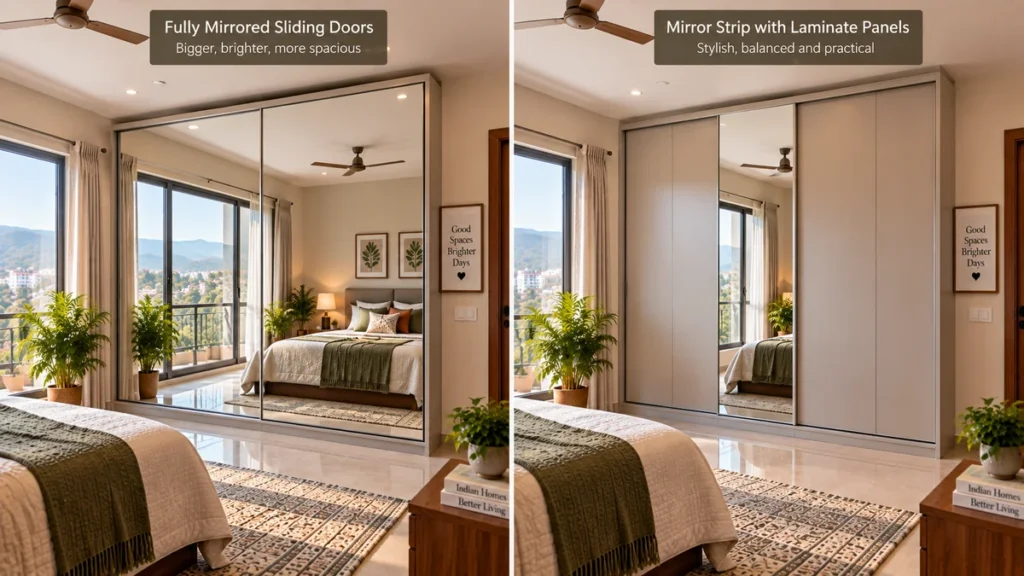 Two wardrobe fronts compared, one fully mirrored and one with a single mirror strip