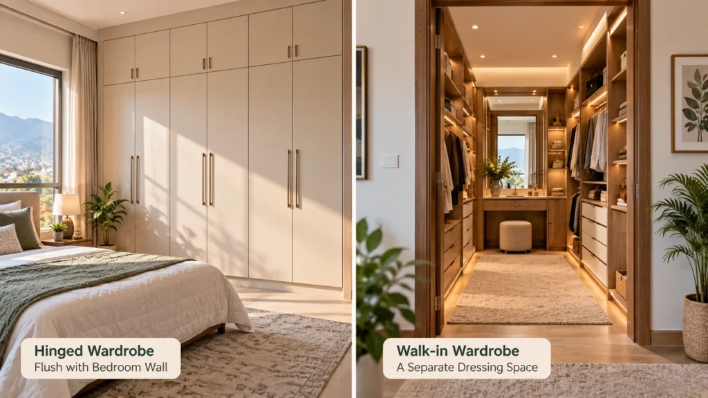 Comparison of a hinged bedroom wardrobe next to a separate walk-in wardrobe entrance