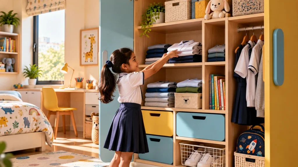 Child reaching clothes from a middle active zone in a kids wardrobe