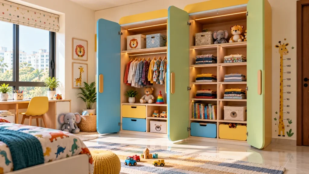 Colourful kids wardrobe with rounded edges in a bright children’s bedroom