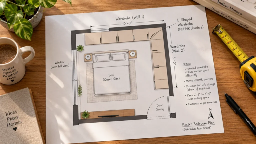 Top-down floor plan of an L-shaped wardrobe on two walls of a bedroom