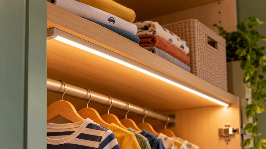 LED strip light fitted into a channel under a wardrobe shelf edge