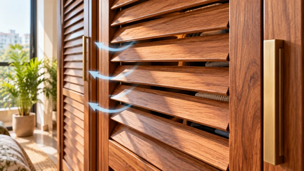 Close-up of louvered wardrobe door slats allowing airflow