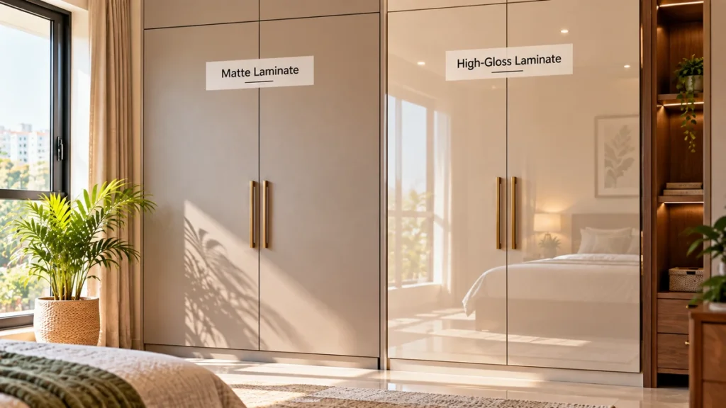 Matte and high-gloss laminate wardrobe door samples side by side