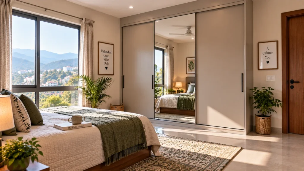 Indian bedroom with a sliding wardrobe whose mirror panel reflects the window light