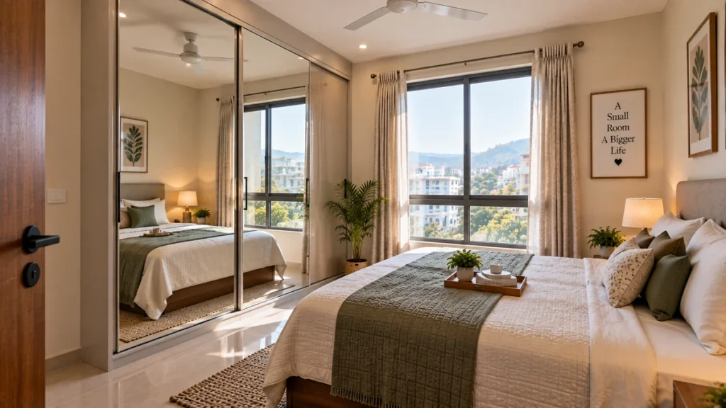 Compact Indian bedroom where a mirrored sliding wardrobe makes the room look wider