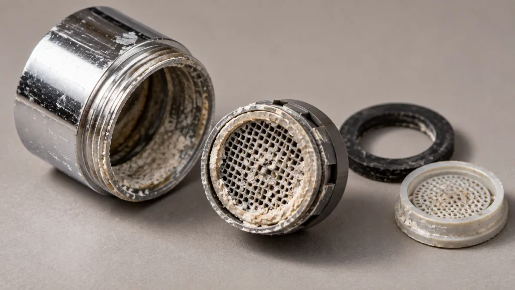 Cutaway view of a clogged kitchen faucet aerator with mineral deposits