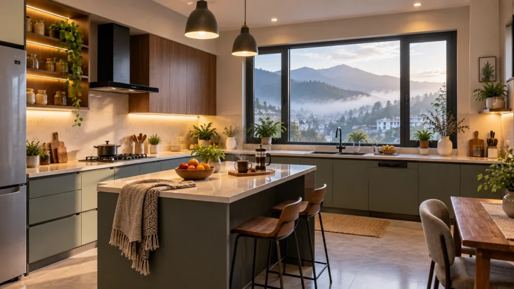Frosty morning window view of a modular kitchen in a hill-town home with mountains visible outside