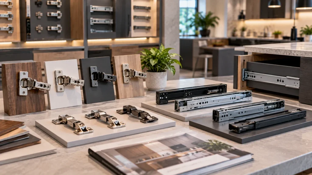 Branded cabinet hinge and drawer runner hardware samples displayed on a showroom table