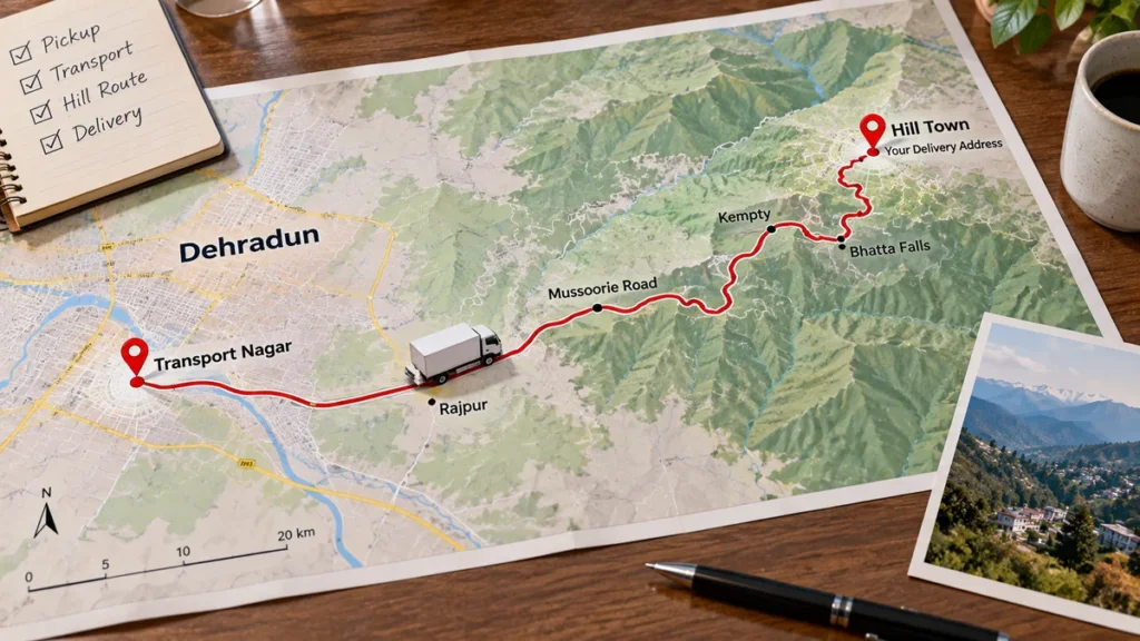 Map-style illustration showing the delivery route from Dehradun’s Transport Nagar to a hill-town address
