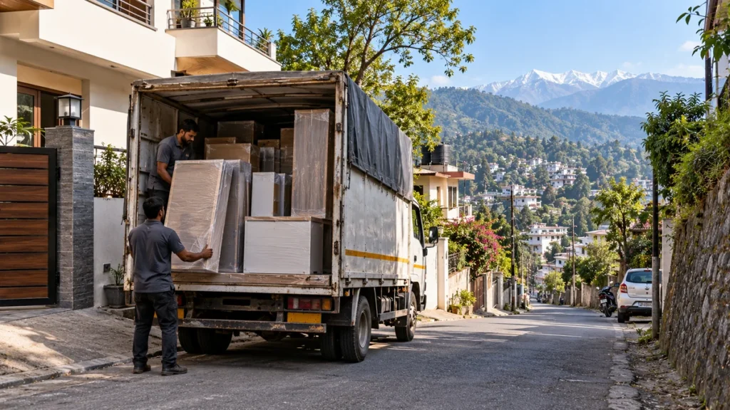 Delivery truck loaded with wrapped modular kitchen components parked on a hill-town street