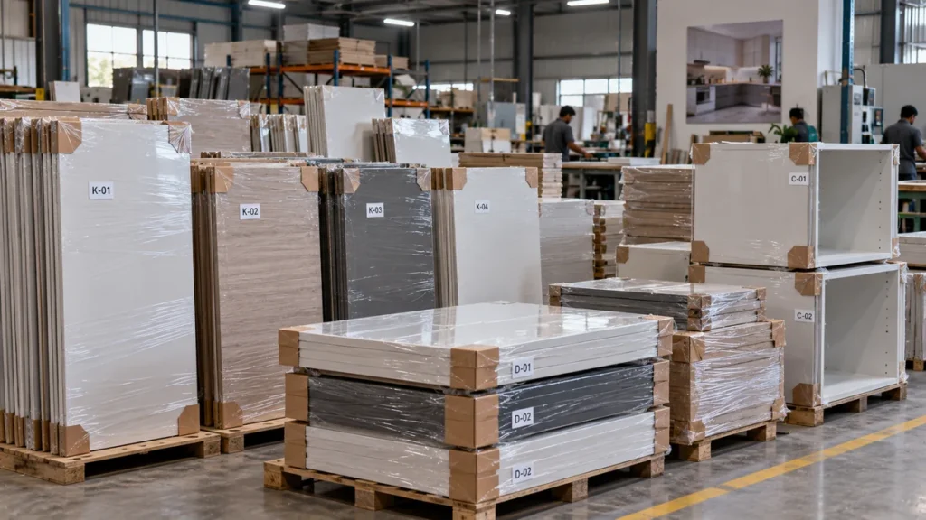 Individually wrapped modular kitchen carcass and shutter components stacked in a factory warehouse