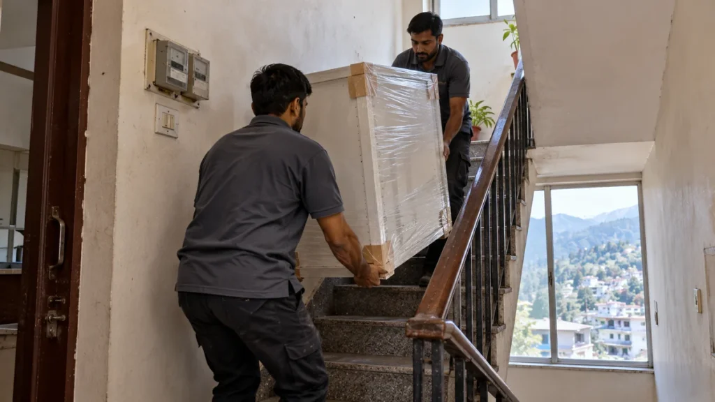 Workers hand-carrying a wrapped modular kitchen module up a narrow staircase in a hill-town building
