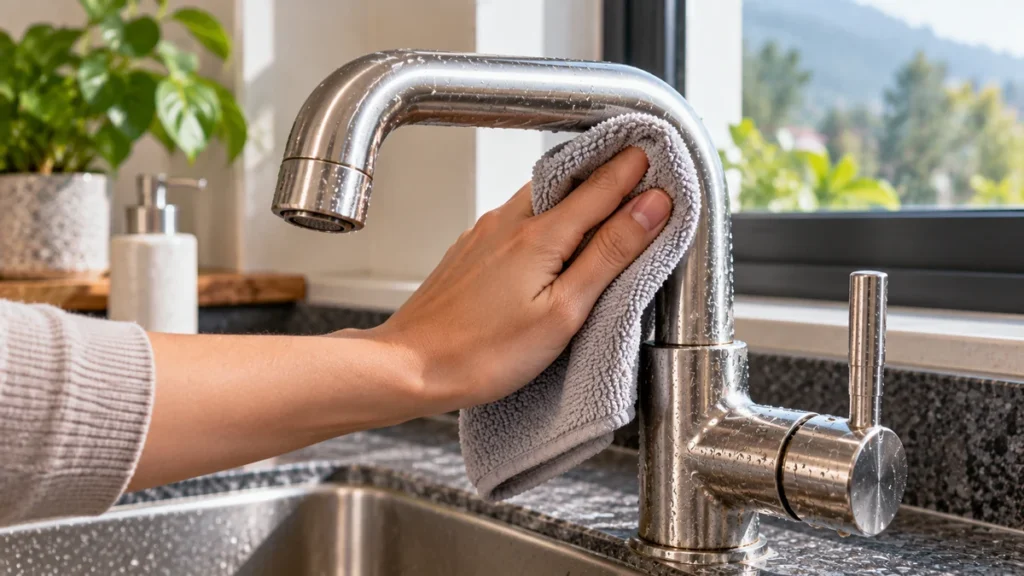 Person wiping a kitchen faucet dry with a cloth after use