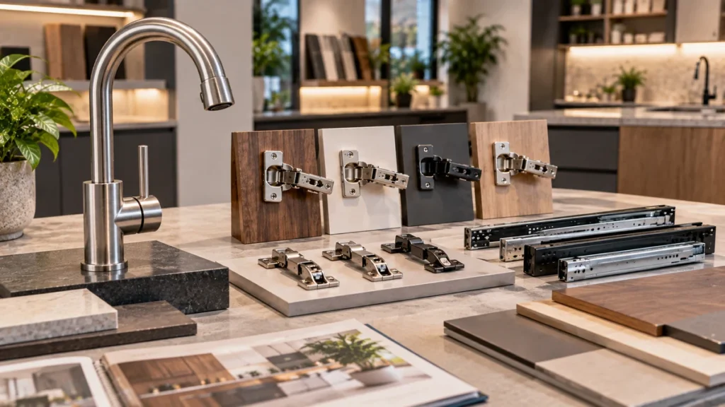 Brushed steel kitchen faucet and cabinet hardware samples displayed side by side
