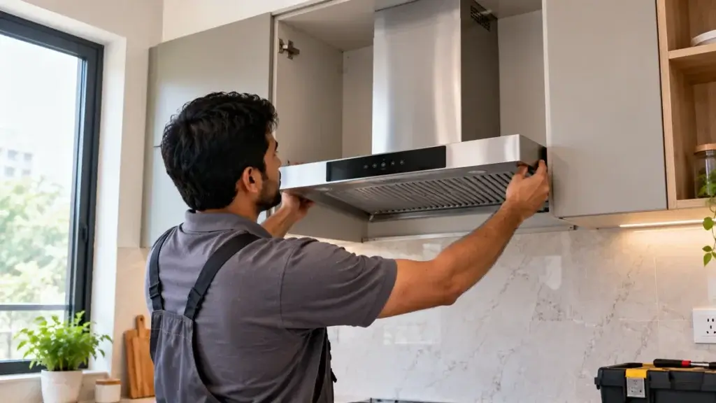 Chimney and hob being fitted into pre-cut cabinet cutouts during modular kitchen installation