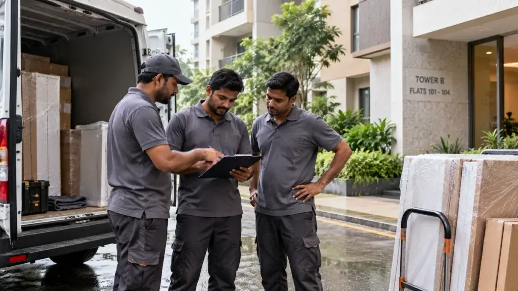 Installation team waiting outside an apartment due to incomplete site