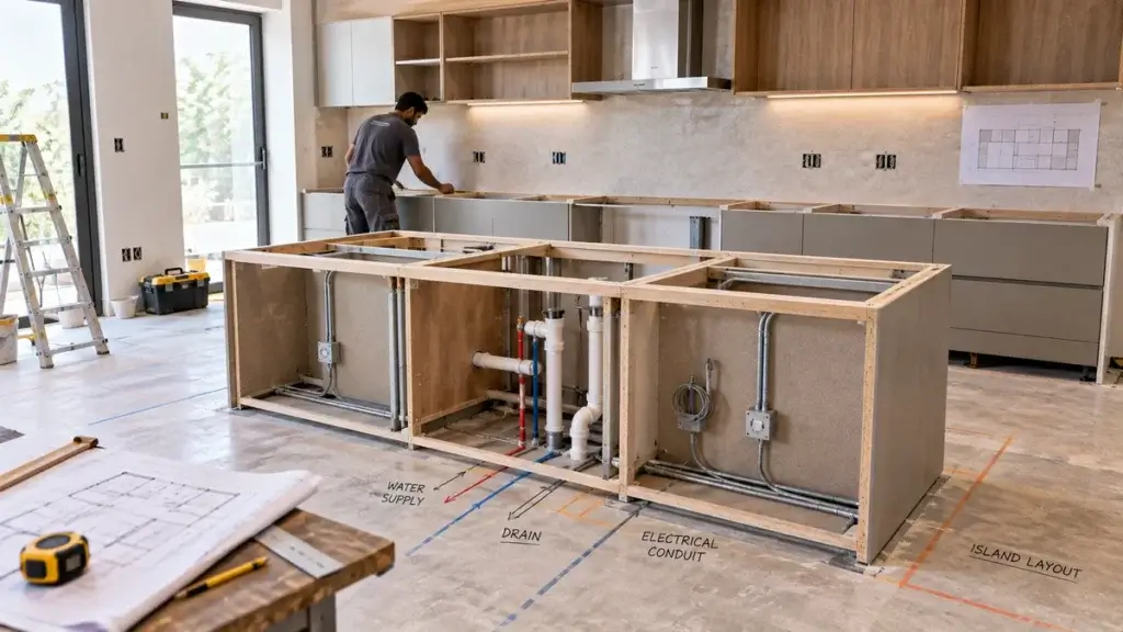 Island modular kitchen layout with visible plumbing and electrical routing work compared to a straight-line kitchen