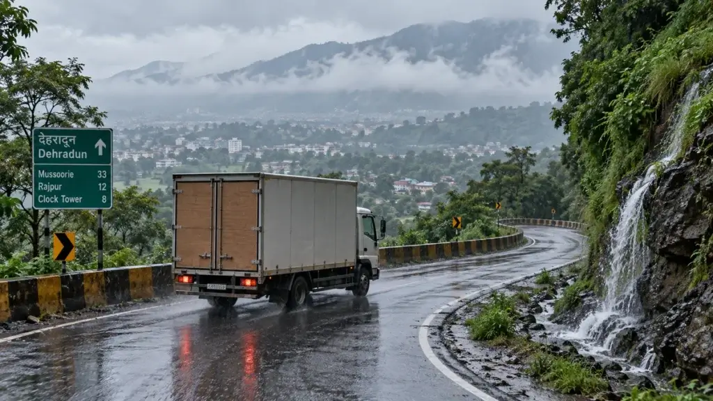 Monsoon rain delaying a modular kitchen delivery truck on a hill-facing Dehradun road