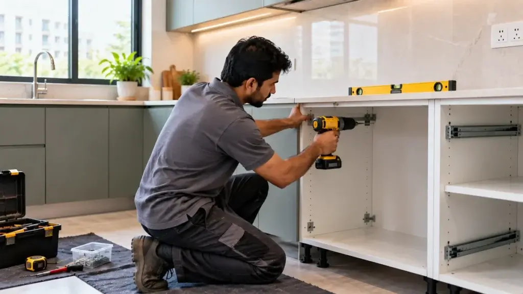 Installer mounting base cabinets during on-site modular kitchen installation in an Indian home