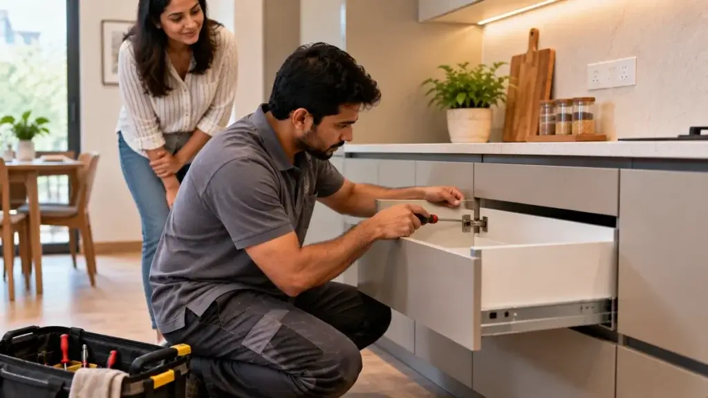 Manufacturer representative adjusting a cabinet hinge during a post-installation follow-up visit