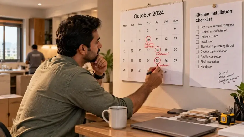 Homeowner checking a wall calendar against a modular kitchen installation schedule in an Indian apartment