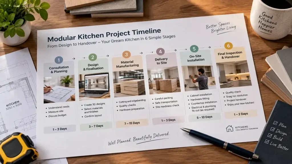 Six-stage modular kitchen installation timeline chart from measurement to handover