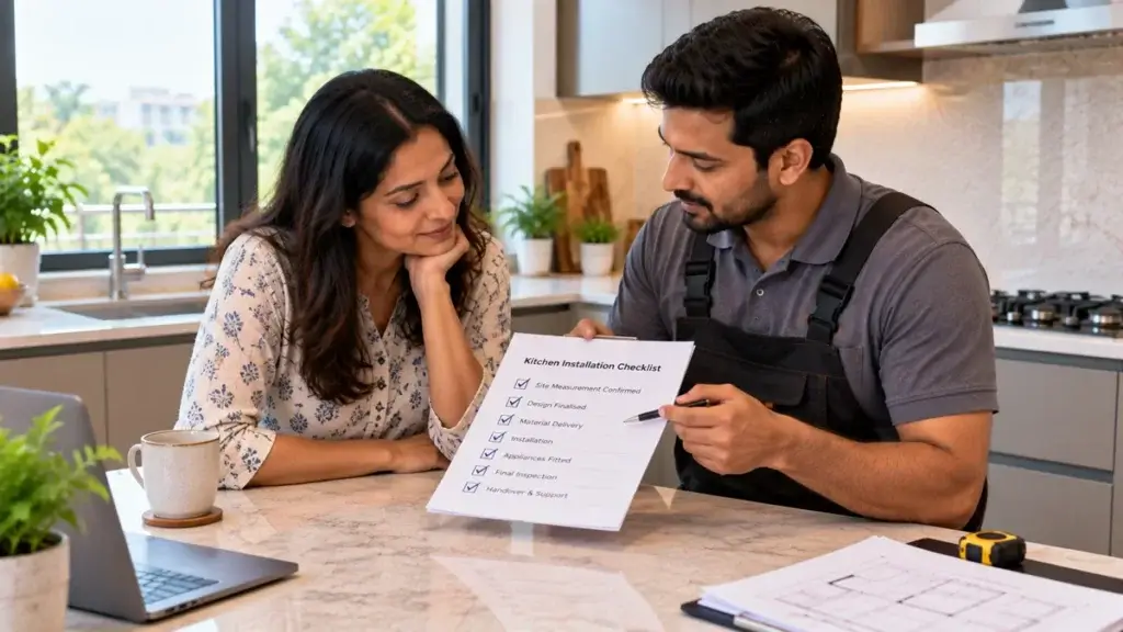 Homeowner reviewing a installation checklist with a manufacturer before delivery day