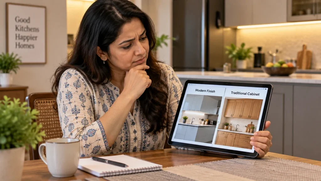 Homeowner comparing a glossy modular kitchen photo against a plain carpenter-built kitchen, both labelled confusingly