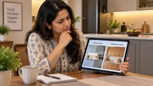 Homeowner comparing a glossy modular kitchen photo against a plain carpenter-built kitchen, both labelled confusingly
